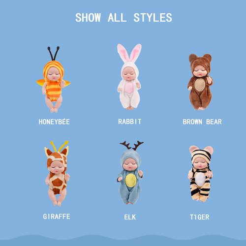 Vueos 6 Pcs 4 Inch Mini Reborn Baby Dolls Toy Set Realistic Baby Doll with Cute Animal Clothes Gifts for Girls Boys Birthday Christmas