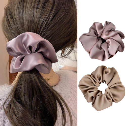 Purple Scrunchies Silk Hair Ties for Women Purple Hair Accessories Champagne Gold Silk Scrunchies for Hair Elastic Hair Scarf Scrunchie for Thick Hair Solid Color Ponytail Holder 2Pcs