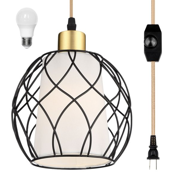 Cinkeda Plug in Pendant Light, Black Farmhouse Hanging Lights with Linen Shade, 15ft Golden Cotton Cord, Industrail Ceiling Lamp with Dimmable Switch, for Kitchen Island Living Room (Bulb Included)