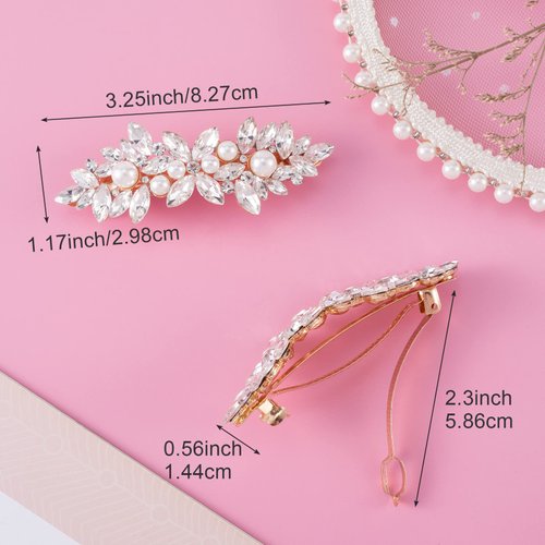 HINZIC 2Pcs Rhinestone Hair Clips Sparkly Crystal Pearl Hair Barrettes Fancy Hair Pin Wedding Prom Formal Dance Accessories for Thick Long Hair Bride Women Girls
