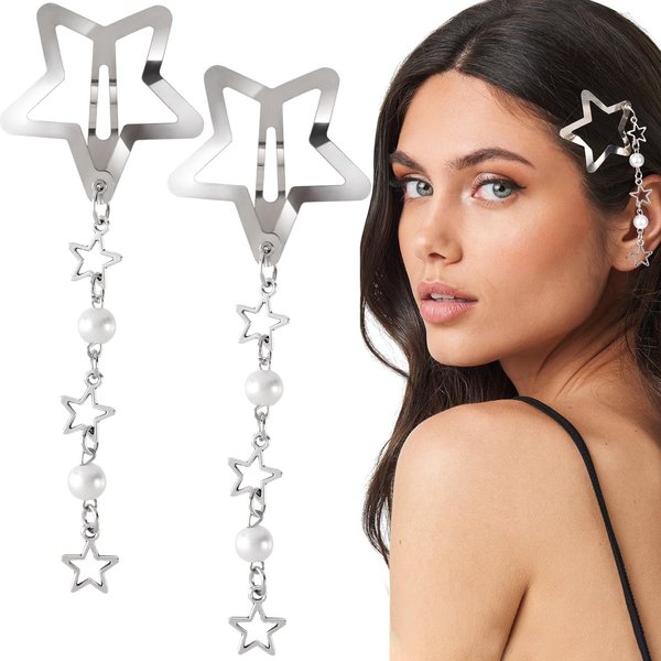 CustomyLife 2pcs Star Pearl Snap Hair Clips, y2k Silver Hair Barrettes Cute Tassel Metal Hair Pins Wedding Prom Hair Styling Accessories for Women Girls Gift