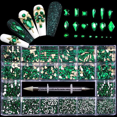Yzzseven 12 Types of 600 Diamonds +2500 Flat Rhinestones Mix 20 Styles Flatback Rhinestone Crystals 3D Decorations Flat Back Stones Gems Set for for Nail Art DIY|（Hole green）