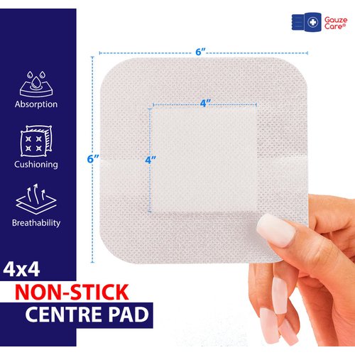 GauzeCare Island Dressing 6x6 (inch) 25 Pcs| Individually Packed Sterile Bordered Dressing | 4x4 Non-Stick Pad in Center with Acrylic Adhesive Borders| Water-Resistant Adhesive Pads for Wound Care