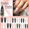 Punk Style Press on Nails Long Stiletto Shape with Mace Design, Glossy Gold Glitter Acrylic False Nails Stick on Nails for Women Girls, Luxury Rhinestones Manicure Art Fake Nails Gel Glue on Nails Y2k