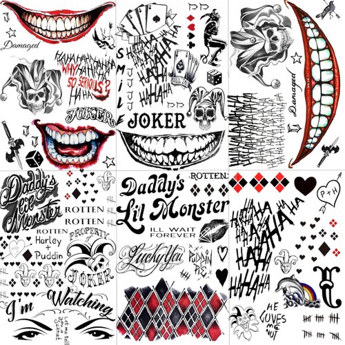 6 Sheets Halloween Joker Tattoo Sticker Decals, Damaged Joker Temporary Tattoos For Men Women Adults, Halloween Face HQ Tattoos Clown, Rave Party Accessories Costume Gothic Fake Tattoo Set