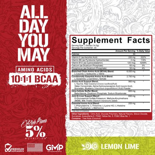 5% Nutrition Rich Piana AllDayYouMay BCAA Powder | Premium Intra & Post Workout Amino Acids, Hydration, Endurance, Muscle Recovery, Joint & Liver Support | 15.3 oz, 30 Servings (Lemon Lime)