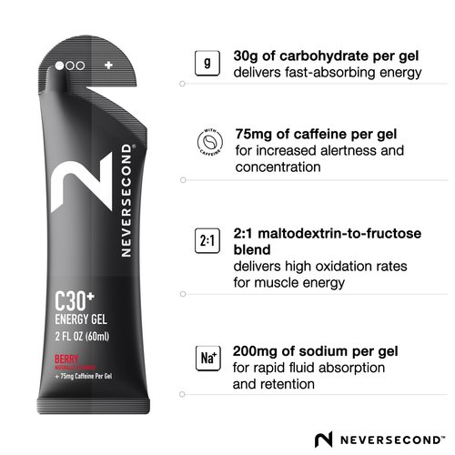 Neversecond C30+ Energy Gel + Caffeine, Performance Nutrition & Hydration, Never2 Energy Gel for Triathlons, Ironman, Cycling & Marathons (Berry Flavor, 12-Count Pack)