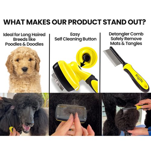 ShedTitan Slicker Dog Brush for Goldendoodles, Poodles & Dematting Pet Comb Value Kit - Easy Self Cleaning Slicker Brush for Grooming Dogs, Golden Doodle, Poodle, Cats - Detangle Comb Removes Matts