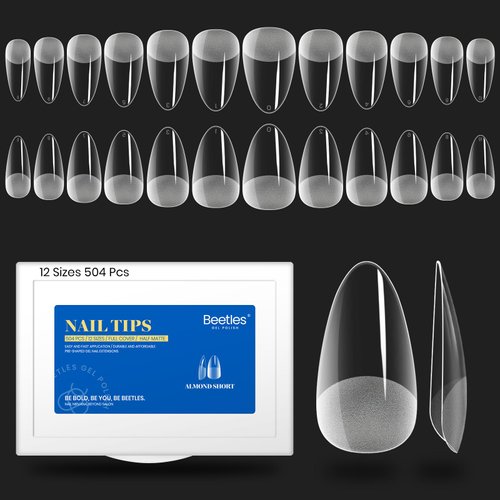 Beetles Gel Nail Tips Easy Nail Extension Etch X Nail Tips 12 Sizes 504Pcs Short Almond Half Matte Nail Tips Gelly Tips Full Cover False Nails