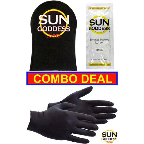 Sun Goddess - Best Combo Deal - Includes: 1 Sunless Self Tan Applicator Mitt + Sunless Self Tanner Lotion Sample + 1 PAIR Sunless Self Tanning Application Gloves - Self Tanning Mitt Lotion Gloves