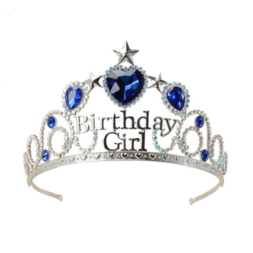 S SNUOY Birthday Crowns with Birthstone Heart Birthday Tiara Princess Crown Silver Headpiece for Birthday Party - September Sapphire