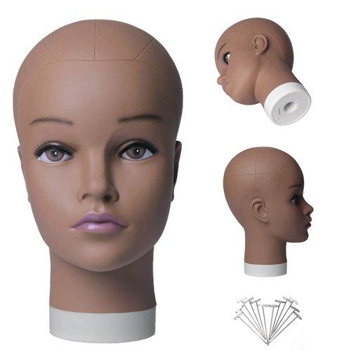 HAIRWAY Female Bald Mannequin Head, Manikin Head Professional Cosmetology Face Makeup Doll Head for Wig Making Display Hats Eyeglasses Wig Head with T Pins (Dark Brown 21.5 Inch)