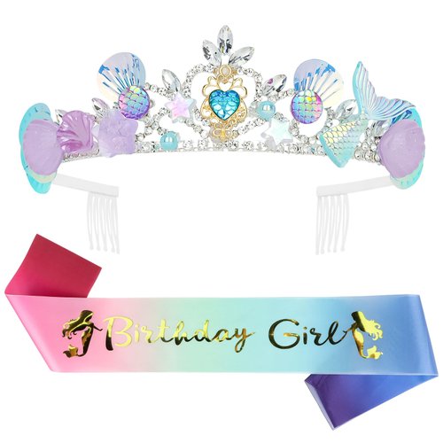 Araluky Mermaid Crown and Birthday Sash for Women Mermaid Birthday Decorations Mermaid Birthday G...