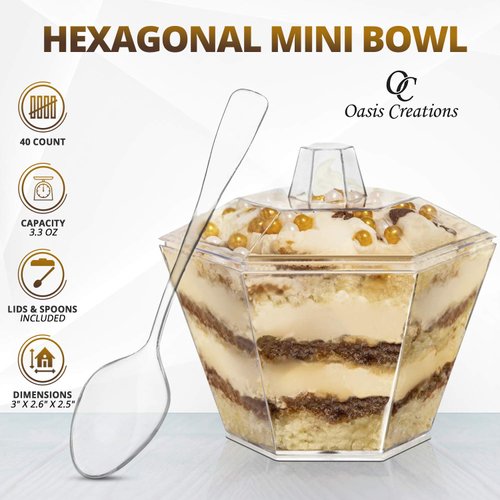 Oasis Creations Hexagonal Mini Bowl-Lids & Spoons Included- 3.3 ounce -40 Count -Clear Plastic - Six Sided Bowl - Flower Cup-Mini Dessert Cup- Serving Bowl -Snack Bowl-Disposable or Reusable