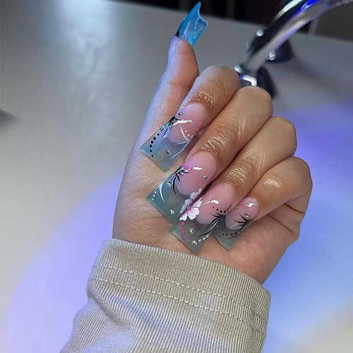 Duck Nails Press on Blue French Press on Nails Duck Feet Style False Nails with Floral ＆ Rhinestone Designs Glossy Full Cover Duck Nail Tips Gel Acrylic Manicure False Nails Kit 24 Pcs