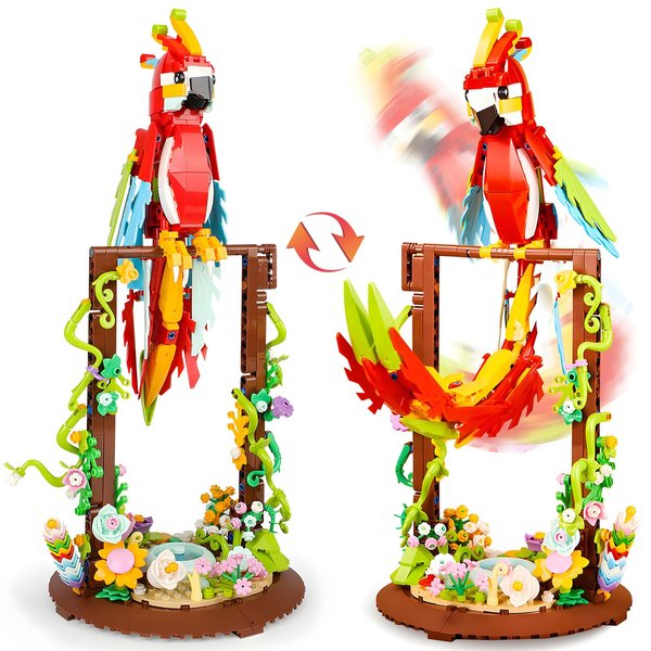 ZCOINS Flower Parrot Toy Building Sets, Animal Plant 2 in 1 Blocks, Home Office Fun Decor 360° Rotatable, Creative Bird Botanical Collection Gifts for Adult Kids Aged 6+ (Red, 636PCS)