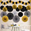 Recosis Black and Gold Decorations, Paper Pompoms Fan for Graduation Birthday Wedding Prom Night New Years Black and Gold Party Decorations