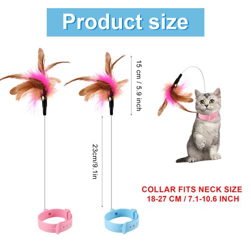 2pcs Cat Collar Toy Attached, Silicone Cat Teasing Wand Adjustable Cat Feather Collar Toys with Bell Cat Interactive Teaser Toys for Indoor Cat Playing Training (Pink, Blue)