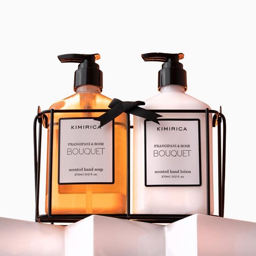 Kimirica Frangipani & Rose Bouquet Hand Wash & Lotion Duo with Metal Caddy | Gently Cleanses & Gives Deep Moisturization | Natural & Plant Based | Ideal for Gifting | 9.12 Fl Oz/270 ml (Pack of 2)