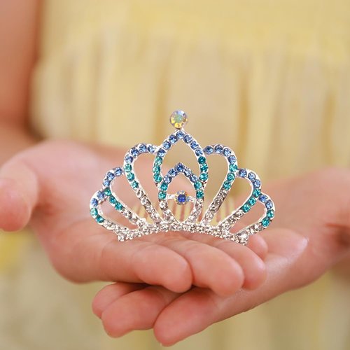 JWICOS Girls Mini Comb Small Rhinestone Comb Mini Crystal Hair Comb Headpiece Flowers Girls Comb Headband for Birthday Party Halloween Christmas (Blue)