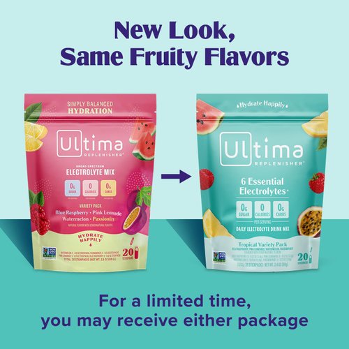 Ultima Replenisher Daily Electrolyte Drink Mix – Tropical Variety, 20 Stickpacks – Hydration Packets with 6 Electrolytes & Minerals – Keto Friendly, Non-GMO & Sugar-Free Electrolyte Powder