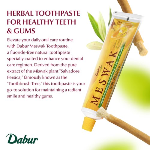 Dabur Meswak Toothpaste - Fluoride Free Toothpaste, Natural Toothpaste for Oral & Gum Health, Toothpaste for Dental Care. Natural Toothpaste with Miswak Essence, Daily Toothpaste for Oral Care