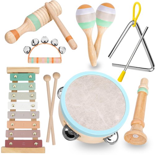 Raimy Musical Instruments Set - Neutral Colors Wooden Montessori Toys Percussion Music Modern Boho Xylophone Birthday Gifts for 1 2 3 Year Old Kids Baby Toddlers Boys Girls with Storage Bag