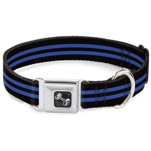 Dog Collar Seatbelt Buckle Stripe Black Blue 15 to 26 Inches 1.0 Inch Wide