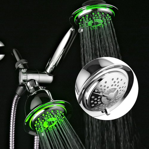 PowerSpa All-Chrome 7-Color LED Shower Head/Hand Held Shower High Pressure Twin Combo Showerhead System with Air Turbo Technology - Includes Premium Stainless Steel Hose and 3-way Water Diverter