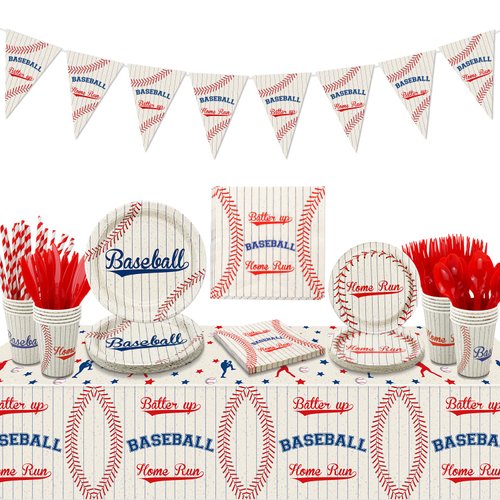 Baseball Party Supplies, Include Baseball Home Run Banner, Tablecloth, Plates, Cups, Napkins for Kids Boys Sports Theme Birthday Decorations, Baseball Event Party Decor, Serves 20 Guests