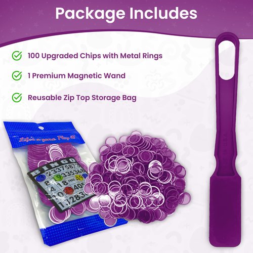 MR CHIPS Made in USA Bingo Magnetic Wand & ¾ Inch Purple Plastic Chips with Metal Rings - 100 Upgraded Pieces Bingo Chips Magnetic, Support American Jobs