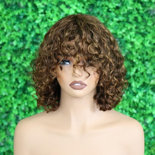 Short Curly Bob Wig with Bangs Human Hair Glueless Wear and Go None Lace Front Human Hair Bob Wigs for Black Women Real Brazilian Unprocessed Virgin Hair Wigs 10 Inch P4/30