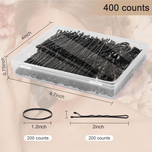 Premium 400Pcs Bobby Pins and Hair Elastics Kit: 200 Black Curved Pins for Secure Hold, 200 Ouchless Rubber Bands for Ponytails - Ideal for Women, Kids, Girls - Bulk Storage Case Included