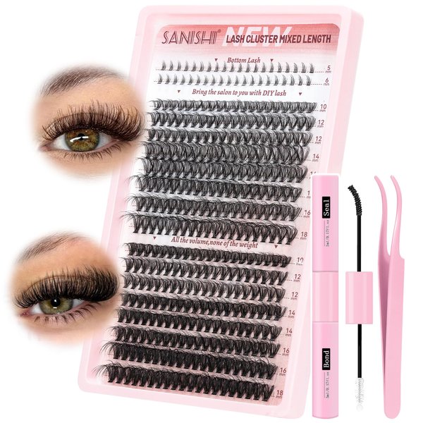 Fluffy Lash Clusters Kit with Bottom Lashes 30D+40D Fluffy Eyelash Extension Kit Thick Volume Individual Lashes 10-18mm with Lower Eyelash Clusters with Lash Bond and Seal and Tweezers (FUFFY-30D40D)