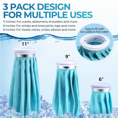 Ice Pack for Injuries Reusable: Ohuhu 3 Packs Ice Cold Packs with 2 Wrap Ice Bag Hot Water Hot & Cold Therapy Pain Relief for Knee Leg Injury No-Leak Waterproof Ice Bags 3 Sizes 6"/9"/11", Light Blue