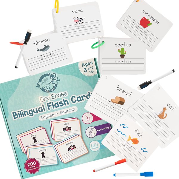 Dry Erase Spanish Flash Cards for Kids | English - Spanish Alphabet Flash Cards for Beginners - Set of 200 ESL Teaching and Learning Bilingual Flash Cards for Writing and Reading Games.