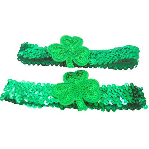 St Patrick's Shamrock Headbands Green Sequin Hair Band Glitter Clover Head Wear for Women Ladies Girls Paddy's Day Party Accessory Pack, Set of 2