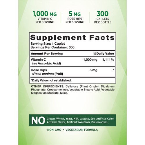 Nature's Truth Vitamin C 1000mg with Rose HIPS | 300 Caplets | Vegetarian, Non-GMO & Gluten Free Supplement
