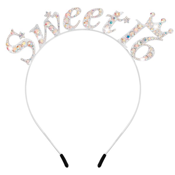 CUBACO Birthday Headbands for Girls, Sweet 16 Tiara Party Decorations 16th Birthday Decorations and Birthday Tiara for Girls with Sweet 16 Cake Topper (Sliver)