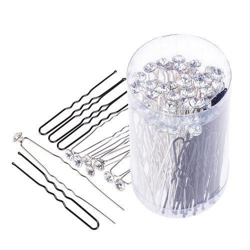 80 Pack White Rhinestone Hair Pins and U Shape Hairpins, findTop Wedding Hair Clips Professional Hairdressing Grip with Storage Bottle (40 Crystal Pins & 40 U Shape Pins)