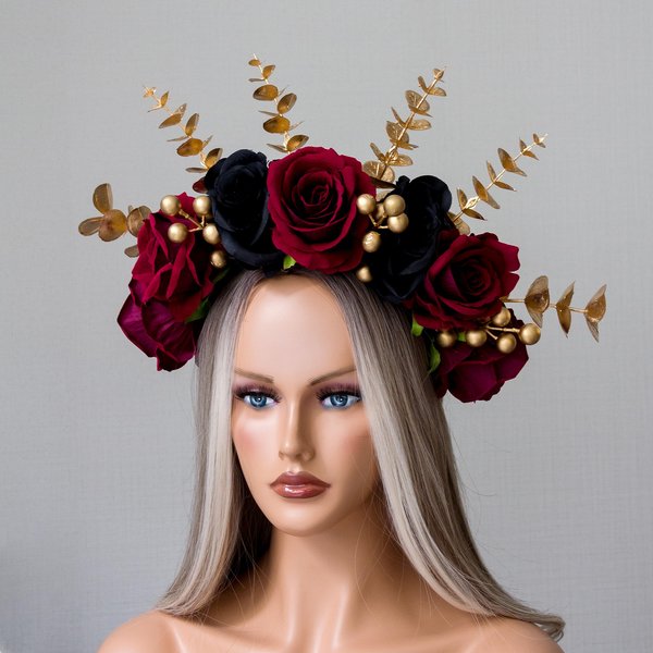 Ansuma Burgundy Rose Flower Crown Headband, Floral Hair Wreath Headpiece for Wedding Party Festival Cosplay Photograph Day of the Dead Chrysanthemum (Burgundy & Black) (Burgundy & Black)