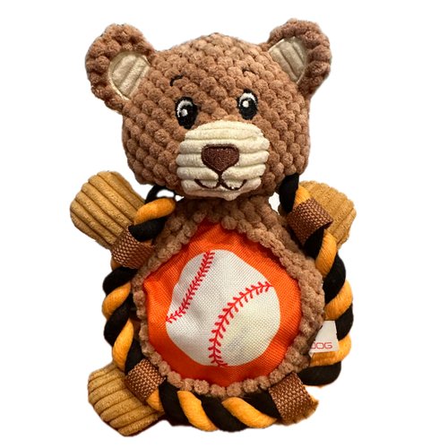 Sport Bear Roper Dog Toy Premium Baseball Theme Plush w/Mini Tennis Ball, Crinkle & Squeaker