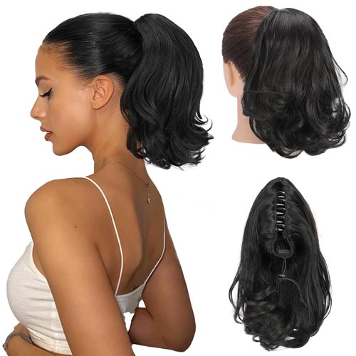 MONIXI Ponytail Extension, 10" Short Wavy Natural Curly Hair Claw Clip Ponytail Invisible Extension Synthetic Drawstring Women's Hair (10 Inch, Natural Black)