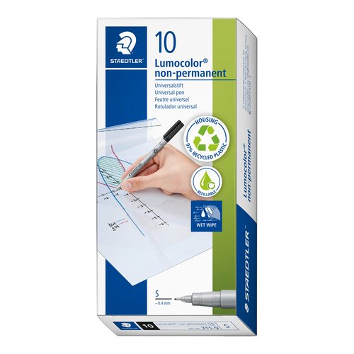 STAEDTLER Lumograph Non-Permanent Wet Erase Marker Pen, Extra Fine Tip, Low Odor Colored Markers, Black, 311-9