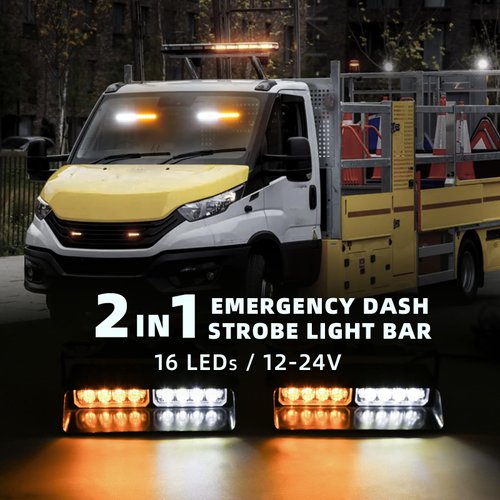 PKINGLAKE 2 in 1 LED Emergency Dash Strobe Light Bar Front/Rear Windshield Safety Flashing Warning Hazard Interior Lights for Police Firefighter Construction Vehicles Trucks (2x7.5 inch, Amber/White)