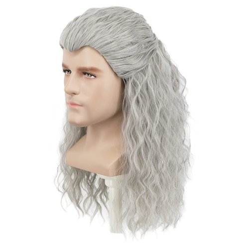 Yuehong Men Long Gray Wavy Cosplay Wig Halloween Curly Hair Party Wig Heat Resistant Anime Wigs