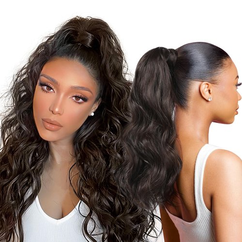 SEIKEA Half Up Half Down Ponytail Extension Set, 4PCS 16" Long Wavy Clip in Hair Extensions 3 Style in 1 Tangle-Resistant Natural Soft Thick Fake Wrap Around Ponytail Synthetic Hairpiece Black Brown