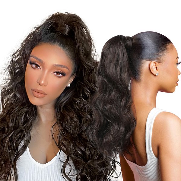 SEIKEA Half Up Half Down Ponytail Extension Set, 4PCS 16" Long Wavy Clip in Hair Extensions 3 Style in 1 Tangle-Resistant Natural Soft Thick Fake Wrap Around Ponytail Synthetic Hairpiece Black Brown