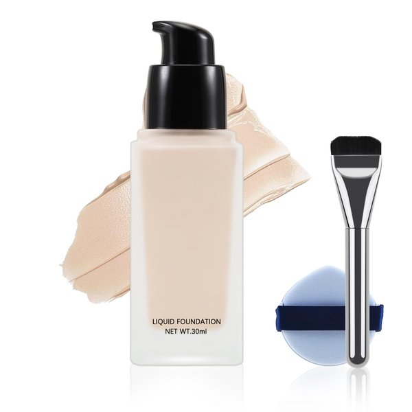 Apooliy 3Pcs Liquid Foundation Set,Full Coverage Concealer Foundation,Hydrating Foundation with Brush,24Hr Wear,Lightweight