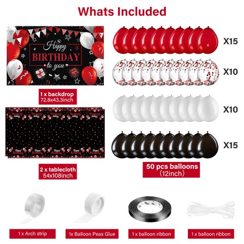 Birthday Party Decorations Confetti Balloons Kit Happy Birthday Photography Backdrop Banner Tablecloths for Boys Girls Men Women Birthday Party Supplies Decor (Red and Black)
